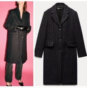 New Zara Manteco Wool Striped Coat ZW Collection 8912/760 Size Large NWT